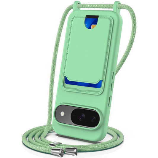 For Google Pixel 9 Case Liquid Silicone Card Holder Phone Back Cover with Lanyard - Green