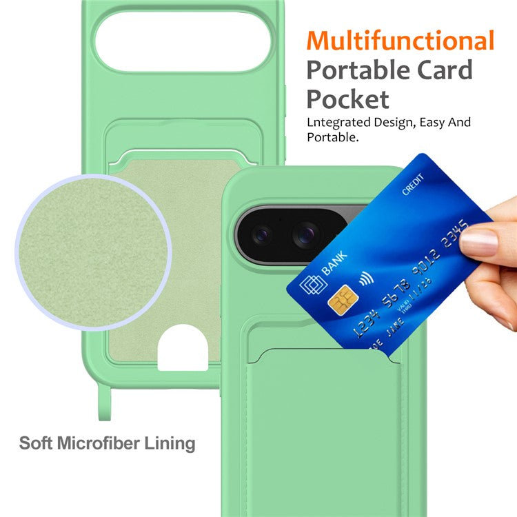 For Google Pixel 9 Case Liquid Silicone Card Holder Phone Back Cover with Lanyard - Green