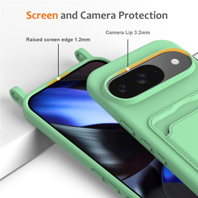 For Google Pixel 9 Case Liquid Silicone Card Holder Phone Back Cover with Lanyard - Green
