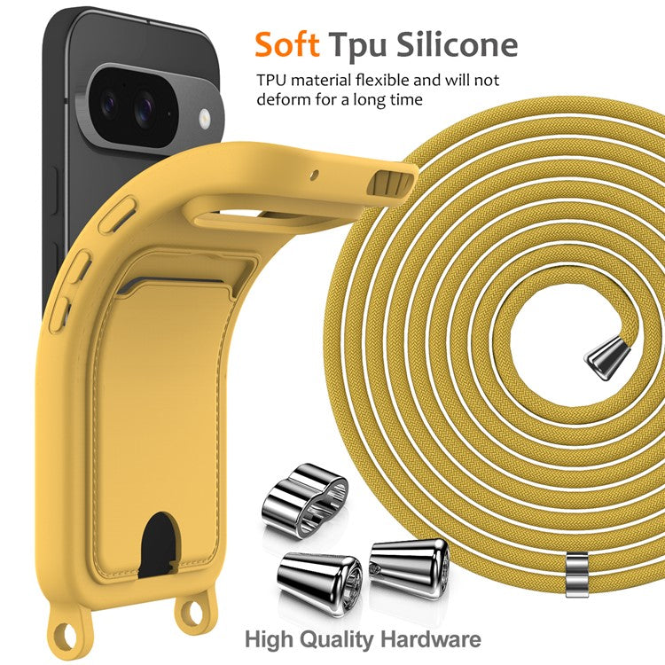 For Google Pixel 9 Case Liquid Silicone Card Holder Phone Back Cover with Lanyard - Yellow