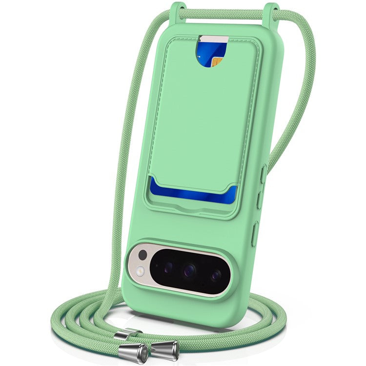For Google Pixel 9 Pro XL Case Liquid Silicone Card Holder Phone Back Cover with Lanyard - Green