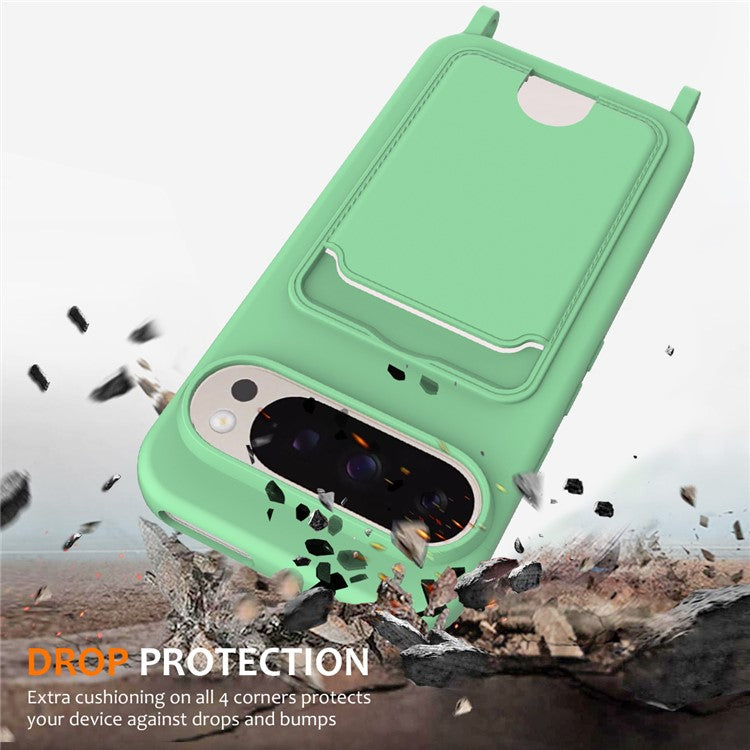For Google Pixel 9 Pro XL Case Liquid Silicone Card Holder Phone Back Cover with Lanyard - Green