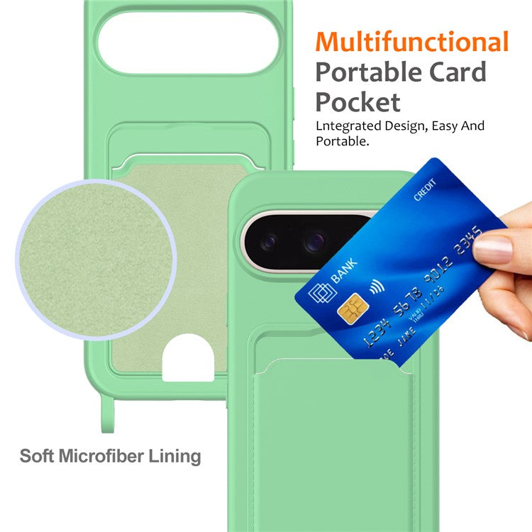 For Google Pixel 9 Pro XL Case Liquid Silicone Card Holder Phone Back Cover with Lanyard - Green