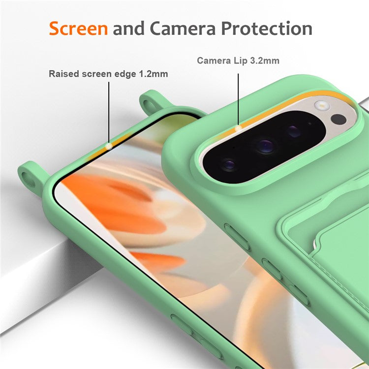 For Google Pixel 9 Pro XL Case Liquid Silicone Card Holder Phone Back Cover with Lanyard - Green