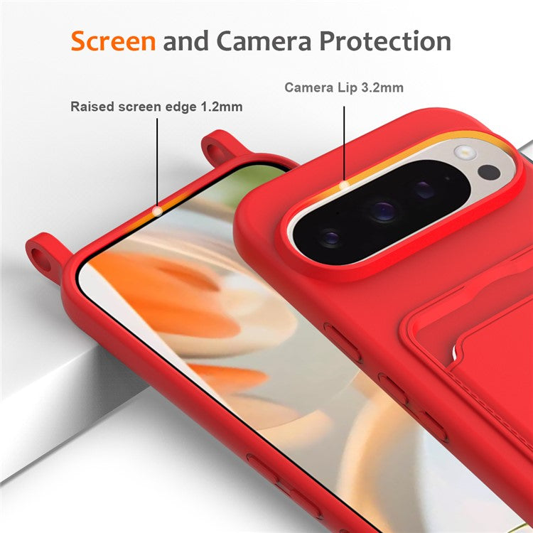 For Google Pixel 9 Pro XL Case Liquid Silicone Card Holder Phone Back Cover with Lanyard - Red