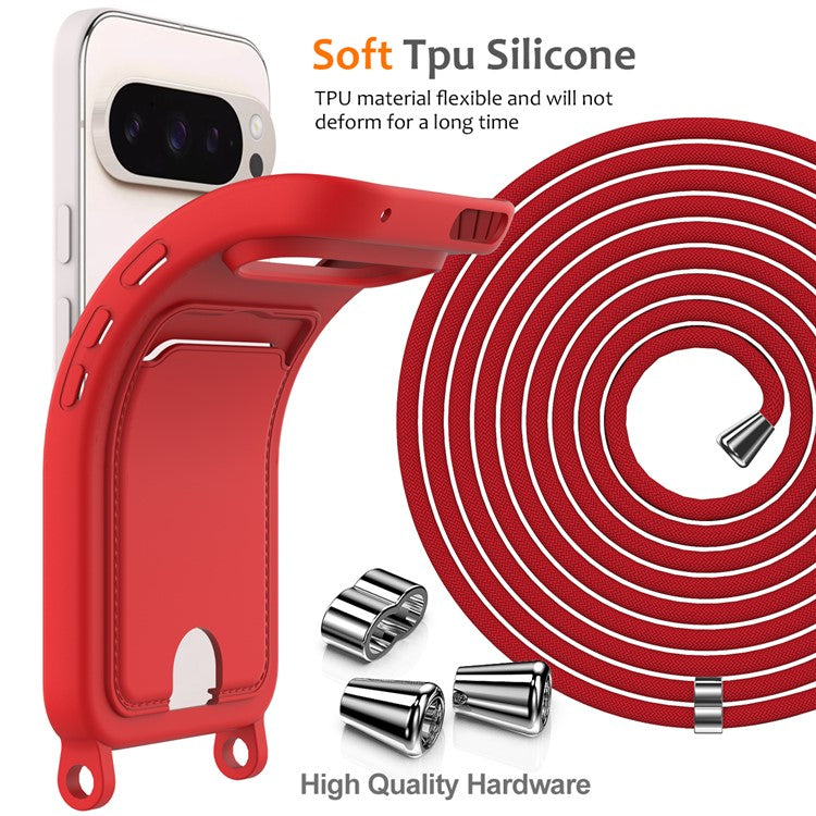 For Google Pixel 9 Pro XL Case Liquid Silicone Card Holder Phone Back Cover with Lanyard - Red