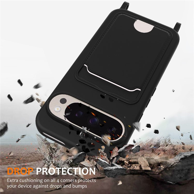 For Google Pixel 9 Pro XL Case Liquid Silicone Card Holder Phone Back Cover with Lanyard - Black