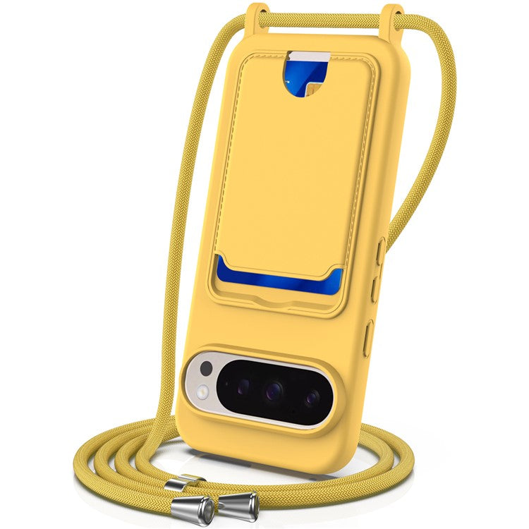 For Google Pixel 9 Pro XL Case Liquid Silicone Card Holder Phone Back Cover with Lanyard - Yellow