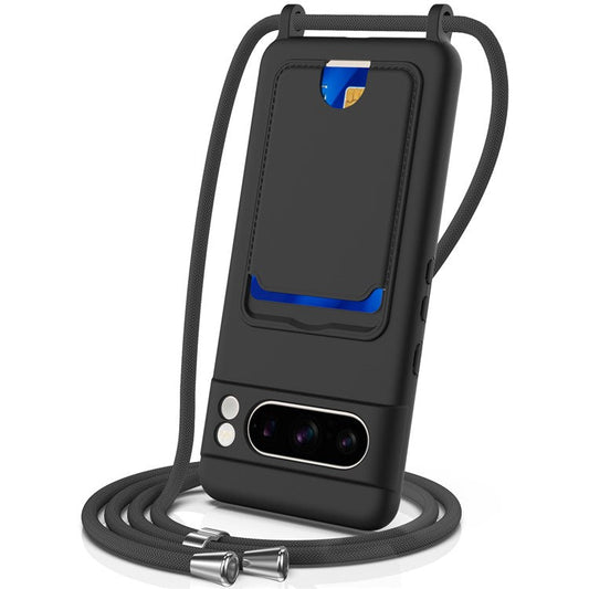 For Google Pixel 8 Pro Case Liquid Silicone Card Holder Phone Back Cover with Lanyard - Black
