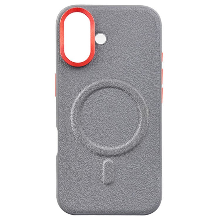 For iPhone 16 Case Compatible with MagSafe PU+PC+TPU Phone Cover with Metal Lens Frame - Titanium Grey