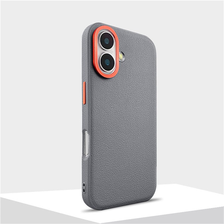 For iPhone 16 Case Compatible with MagSafe PU+PC+TPU Phone Cover with Metal Lens Frame - Titanium Grey