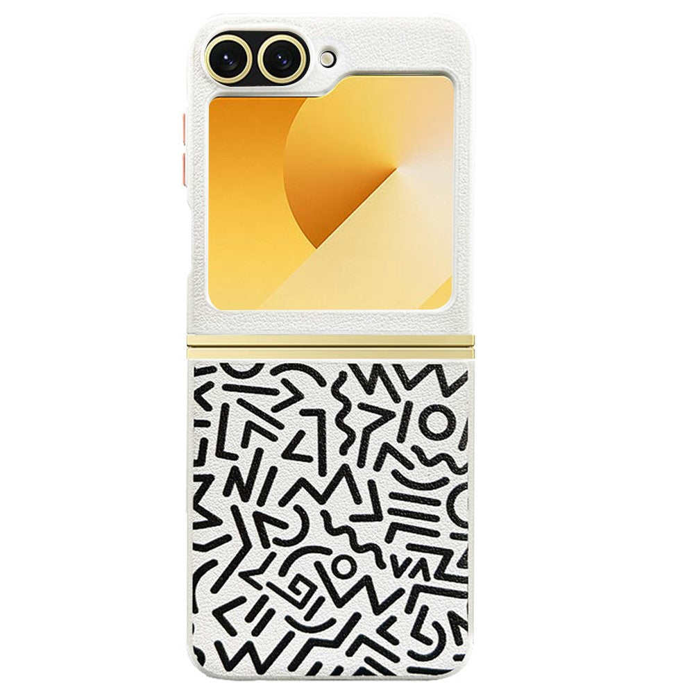 For Samsung Galaxy Z Flip7 FE 5G / Z Flip6 5G Case Pattern Graffiti PU+PC+TPU Phone Cover with Metal Lens Frame - White