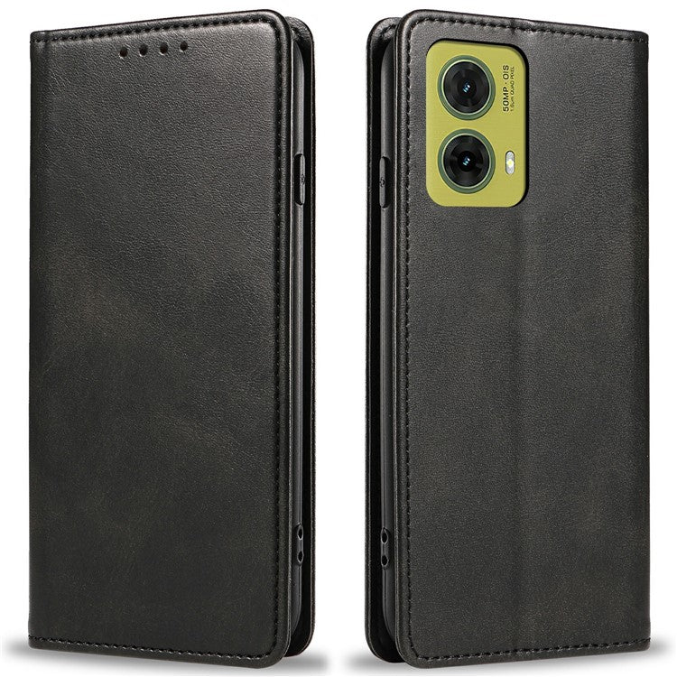 For Motorola Moto G35 5G Case Strong Magnetic PU Leather Phone Cover Calf Texture - Black