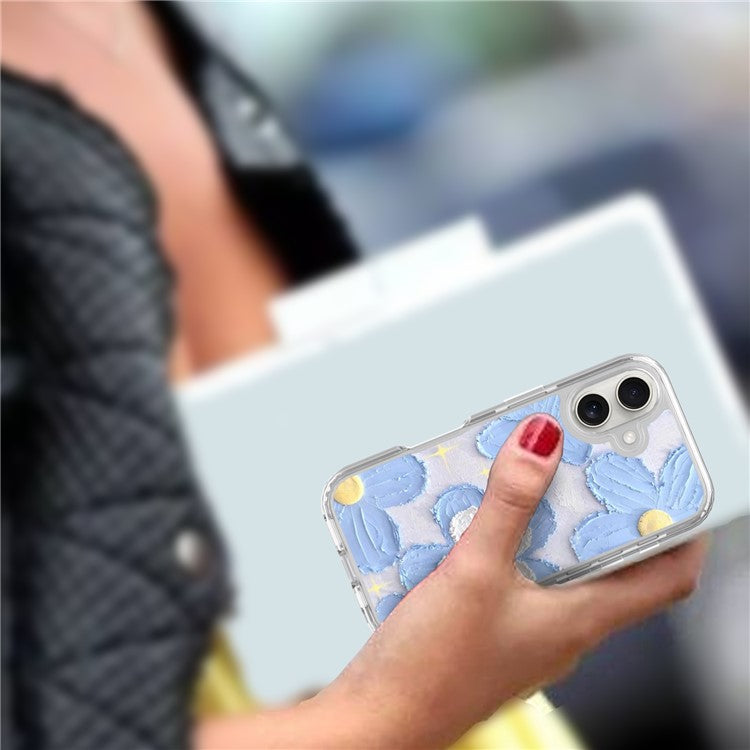 GW02 For iPhone 16 Case IMD Pattern TPU+PC Shockproof Phone Cover - Blue Flower