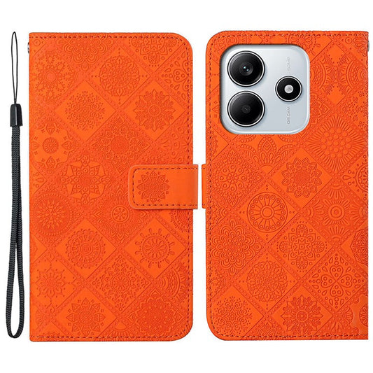 For Xiaomi Redmi Note 14 5G Case Leather Case Ethnic Style Phone Wallet Cover with Strap - Orange