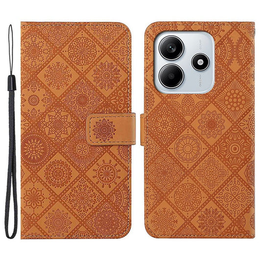 For Xiaomi Redmi Note 14 5G Case Leather Case Ethnic Style Phone Wallet Cover with Strap - Brown