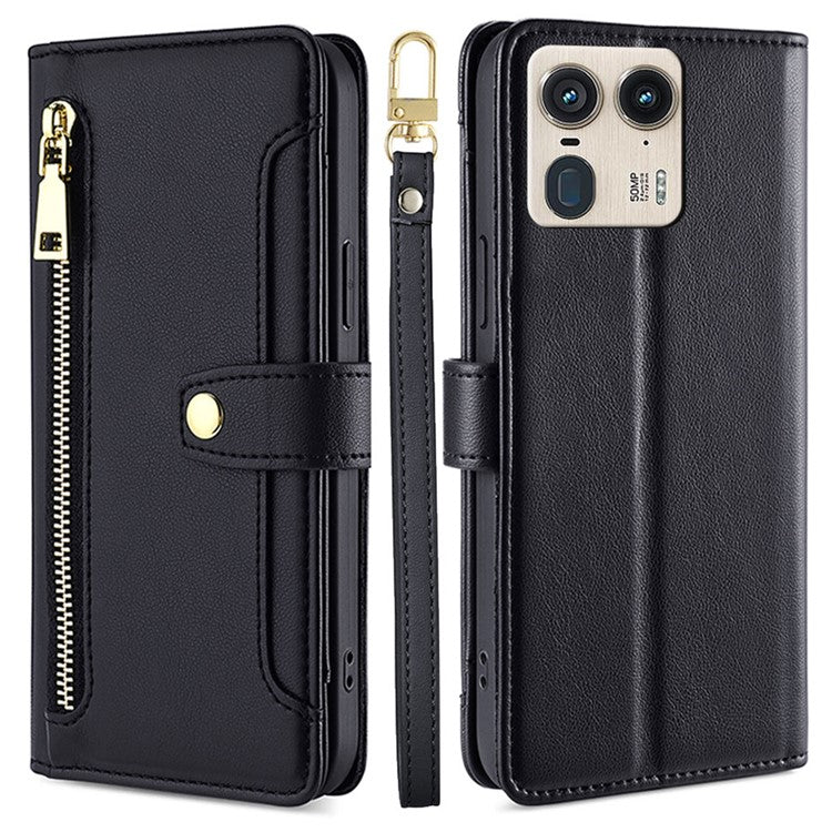 For Motorola Moto X50 Ultra 5G / Edge 50 Ultra 5G Case PU Leather Crossbody Phone Cover with Zipper Pocket Wallet - Black