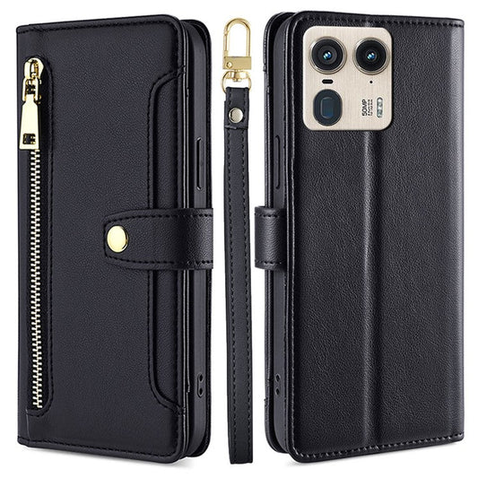 For Motorola Moto X50 Ultra 5G / Edge 50 Ultra 5G Case PU Leather Crossbody Phone Cover with Zipper Pocket Wallet - Black