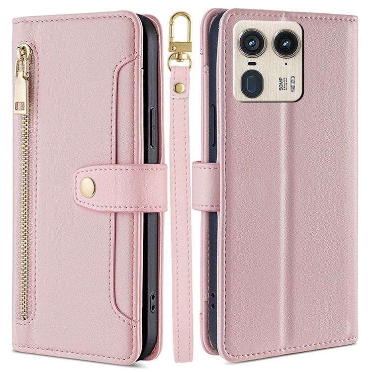 For Motorola Moto X50 Ultra 5G / Edge 50 Ultra 5G Case PU Leather Crossbody Phone Cover with Zipper Pocket Wallet - Pink