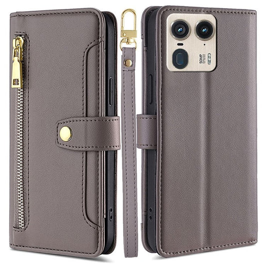 For Motorola Moto X50 Ultra 5G / Edge 50 Ultra 5G Case PU Leather Crossbody Phone Cover with Zipper Pocket Wallet - Grey