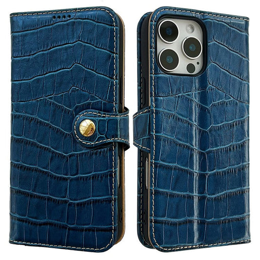 For iPhone 16 Pro Case Crocodile Texture Genuine Cow Leather Wallet Phone Cover - Blue