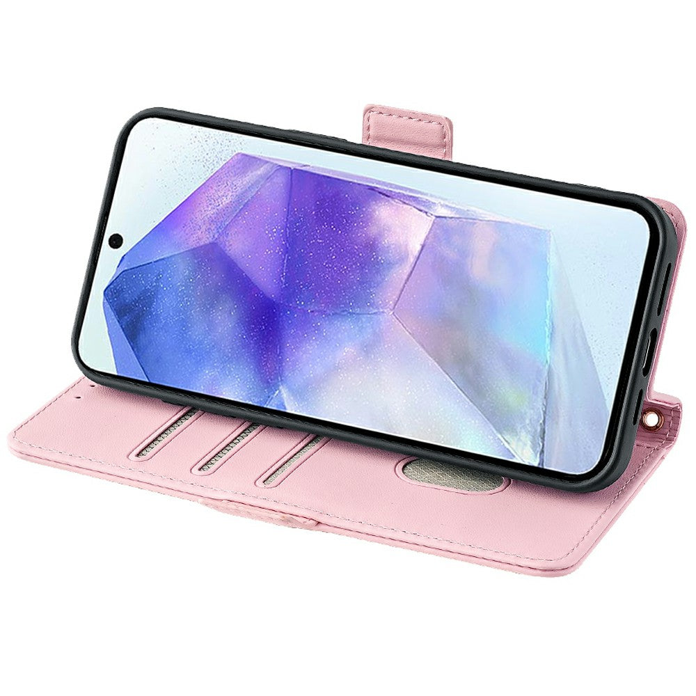 For Samsung Galaxy A16 5G / A16 4G Leather Wallet Case RFID Blocking Stand Cover with Hand Strap - Pink