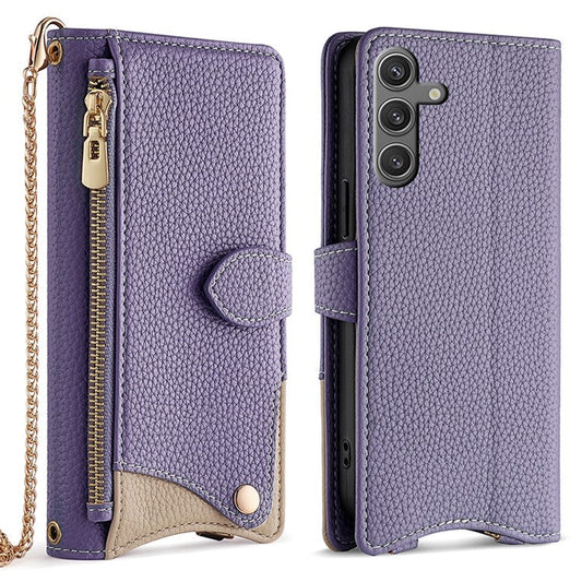 For Samsung Galaxy S24+ Leather Case Wallet Stand Cover Irregular Tail Style with Chain Strap - Purple