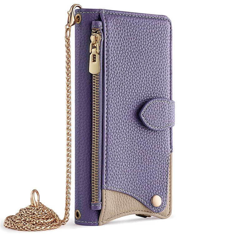 For Samsung Galaxy S24+ Leather Case Wallet Stand Cover Irregular Tail Style with Chain Strap - Purple