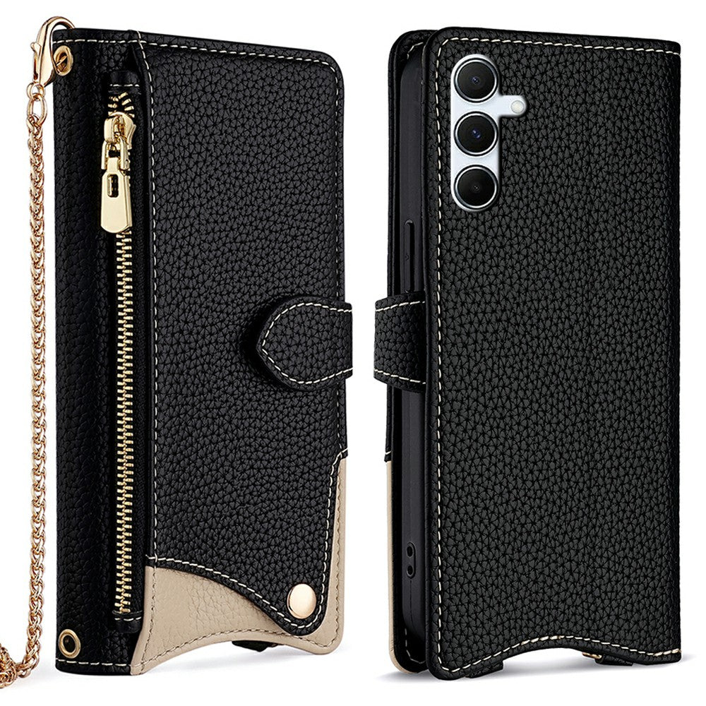For Samsung Galaxy A16 5G / A16 4G Leather Case Wallet Stand Cover Irregular Tail Style with Chain Strap - Black