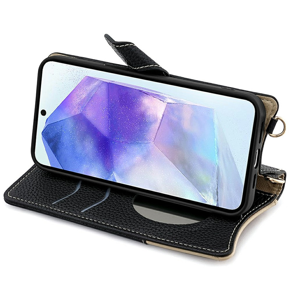 For Samsung Galaxy A16 5G / A16 4G Leather Case Wallet Stand Cover Irregular Tail Style with Chain Strap - Black