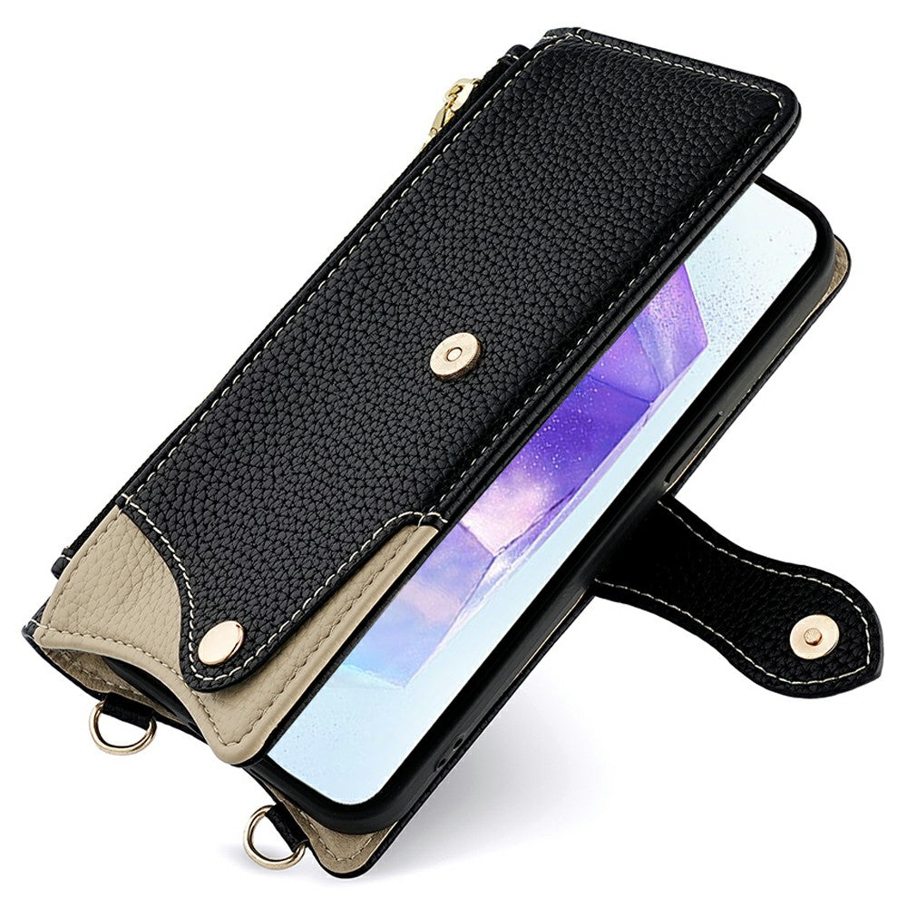 For Samsung Galaxy A16 5G / A16 4G Leather Case Wallet Stand Cover Irregular Tail Style with Chain Strap - Black