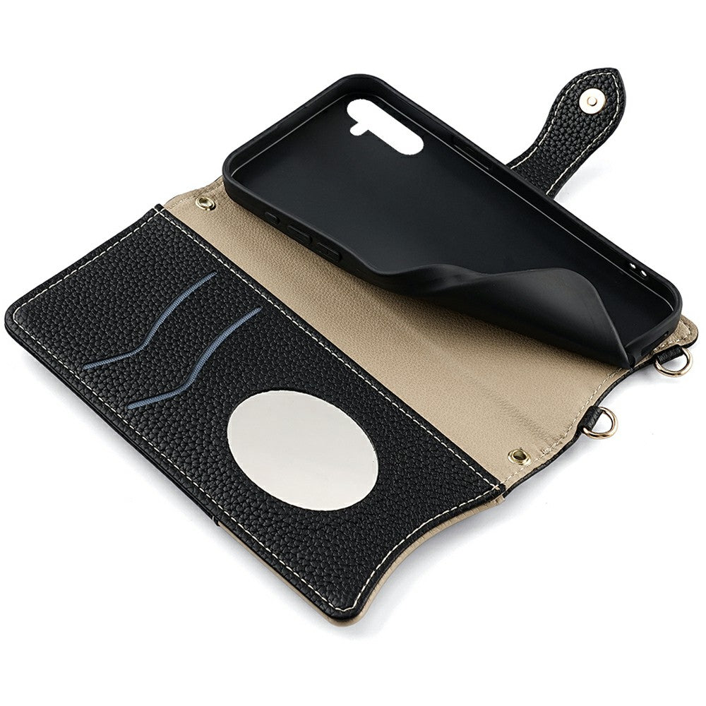 For Samsung Galaxy A16 5G / A16 4G Leather Case Wallet Stand Cover Irregular Tail Style with Chain Strap - Black