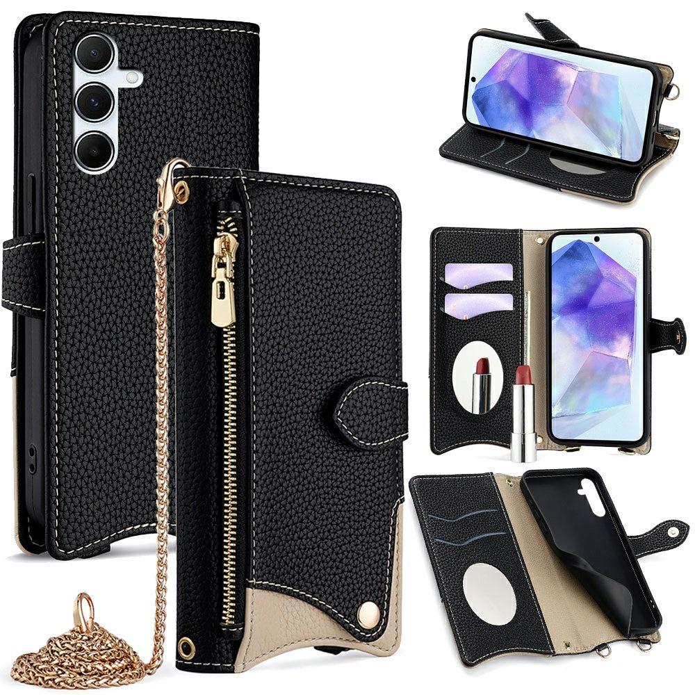 For Samsung Galaxy A16 5G / A16 4G Leather Case Wallet Stand Cover Irregular Tail Style with Chain Strap - Black