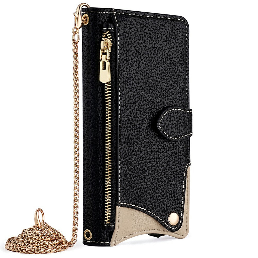 For Samsung Galaxy A16 5G / A16 4G Leather Case Wallet Stand Cover Irregular Tail Style with Chain Strap - Black