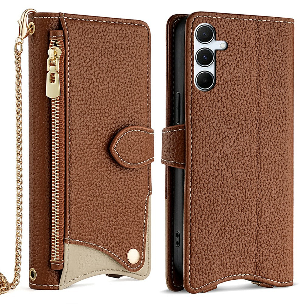 For Samsung Galaxy A16 5G / A16 4G Leather Case Wallet Stand Cover Irregular Tail Style with Chain Strap - Brown