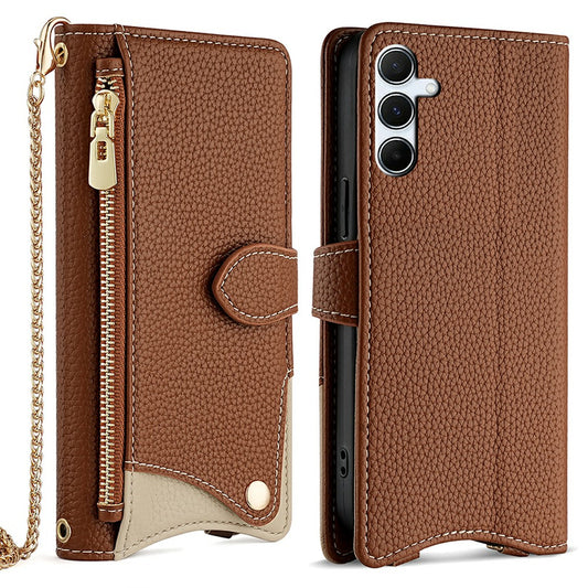 For Samsung Galaxy A16 5G / A16 4G Leather Case Wallet Stand Cover Irregular Tail Style with Chain Strap - Brown