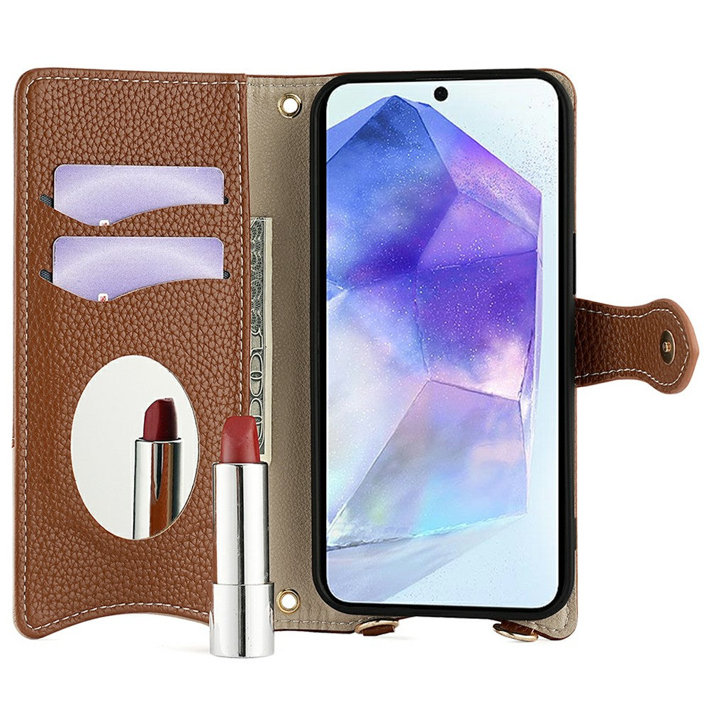 For Samsung Galaxy A16 5G / A16 4G Leather Case Wallet Stand Cover Irregular Tail Style with Chain Strap - Brown