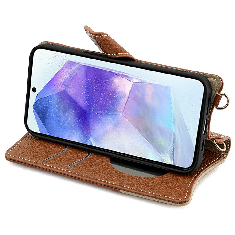 For Samsung Galaxy A16 5G / A16 4G Leather Case Wallet Stand Cover Irregular Tail Style with Chain Strap - Brown