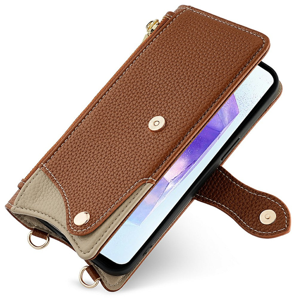 For Samsung Galaxy A16 5G / A16 4G Leather Case Wallet Stand Cover Irregular Tail Style with Chain Strap - Brown