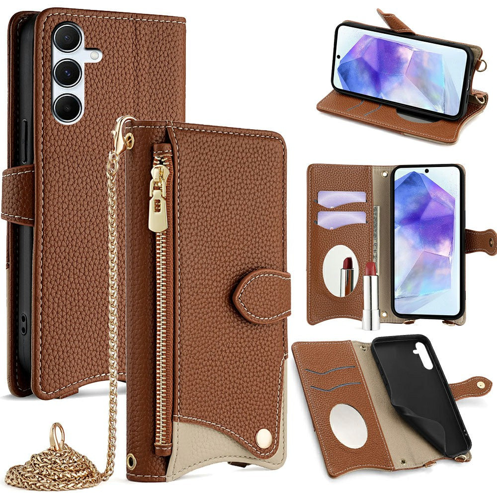 For Samsung Galaxy A16 5G / A16 4G Leather Case Wallet Stand Cover Irregular Tail Style with Chain Strap - Brown