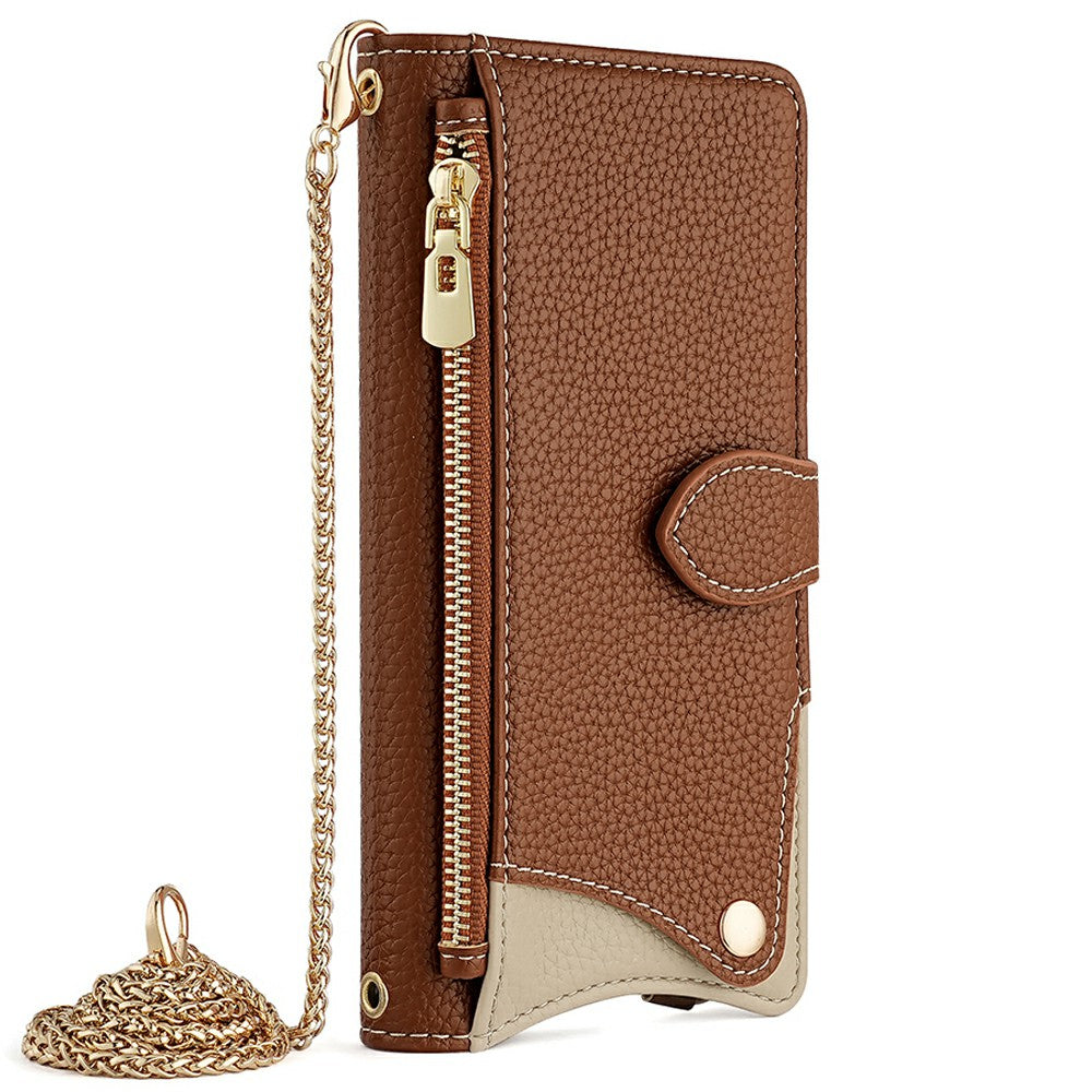 For Samsung Galaxy A16 5G / A16 4G Leather Case Wallet Stand Cover Irregular Tail Style with Chain Strap - Brown