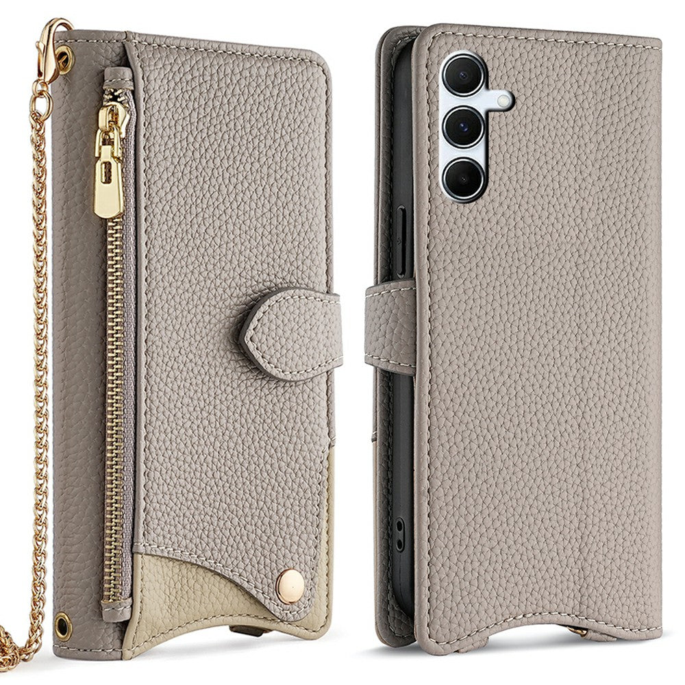 For Samsung Galaxy A16 5G / A16 4G Leather Case Wallet Stand Cover Irregular Tail Style with Chain Strap - Grey