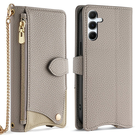 For Samsung Galaxy A16 5G / A16 4G Leather Case Wallet Stand Cover Irregular Tail Style with Chain Strap - Grey