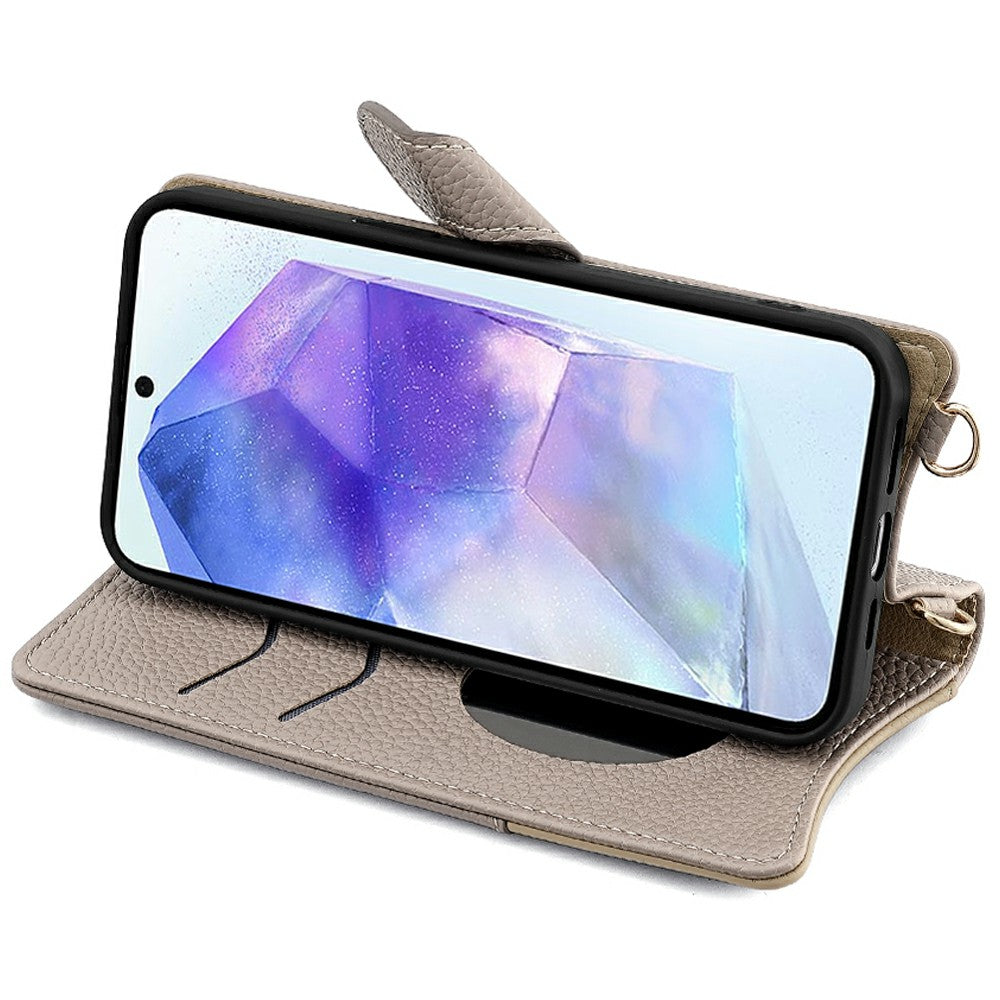 For Samsung Galaxy A16 5G / A16 4G Leather Case Wallet Stand Cover Irregular Tail Style with Chain Strap - Grey