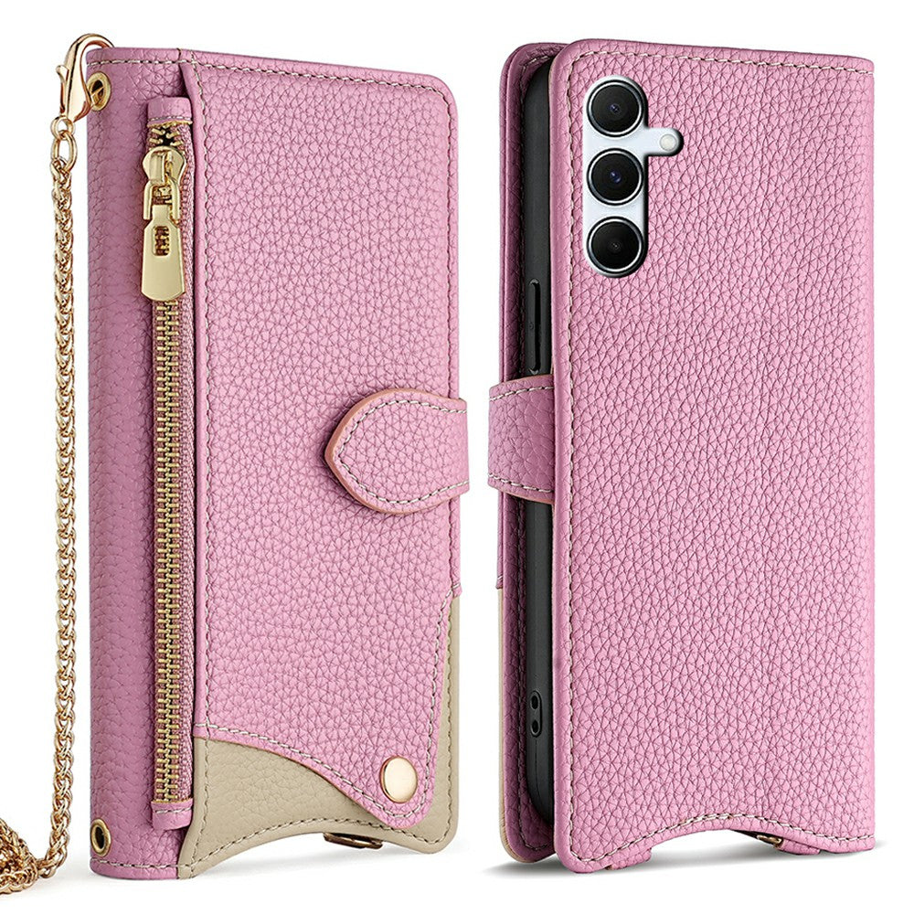 For Samsung Galaxy A16 5G / A16 4G Leather Case Wallet Stand Cover Irregular Tail Style with Chain Strap - Pink