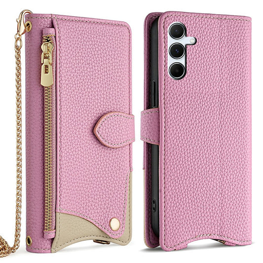 For Samsung Galaxy A16 5G / A16 4G Leather Case Wallet Stand Cover Irregular Tail Style with Chain Strap - Pink
