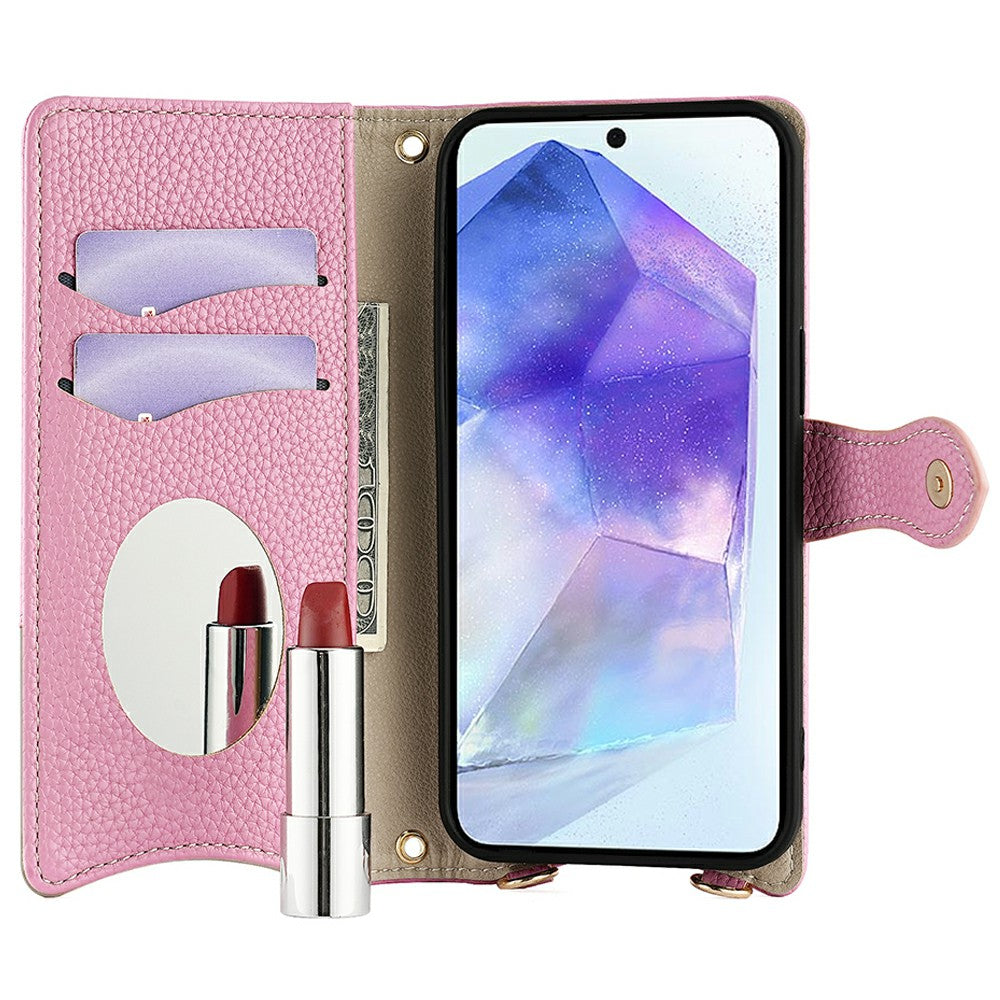 For Samsung Galaxy A16 5G / A16 4G Leather Case Wallet Stand Cover Irregular Tail Style with Chain Strap - Pink