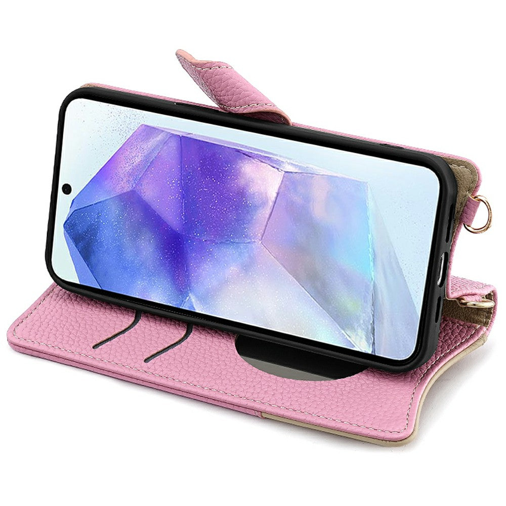 For Samsung Galaxy A16 5G / A16 4G Leather Case Wallet Stand Cover Irregular Tail Style with Chain Strap - Pink