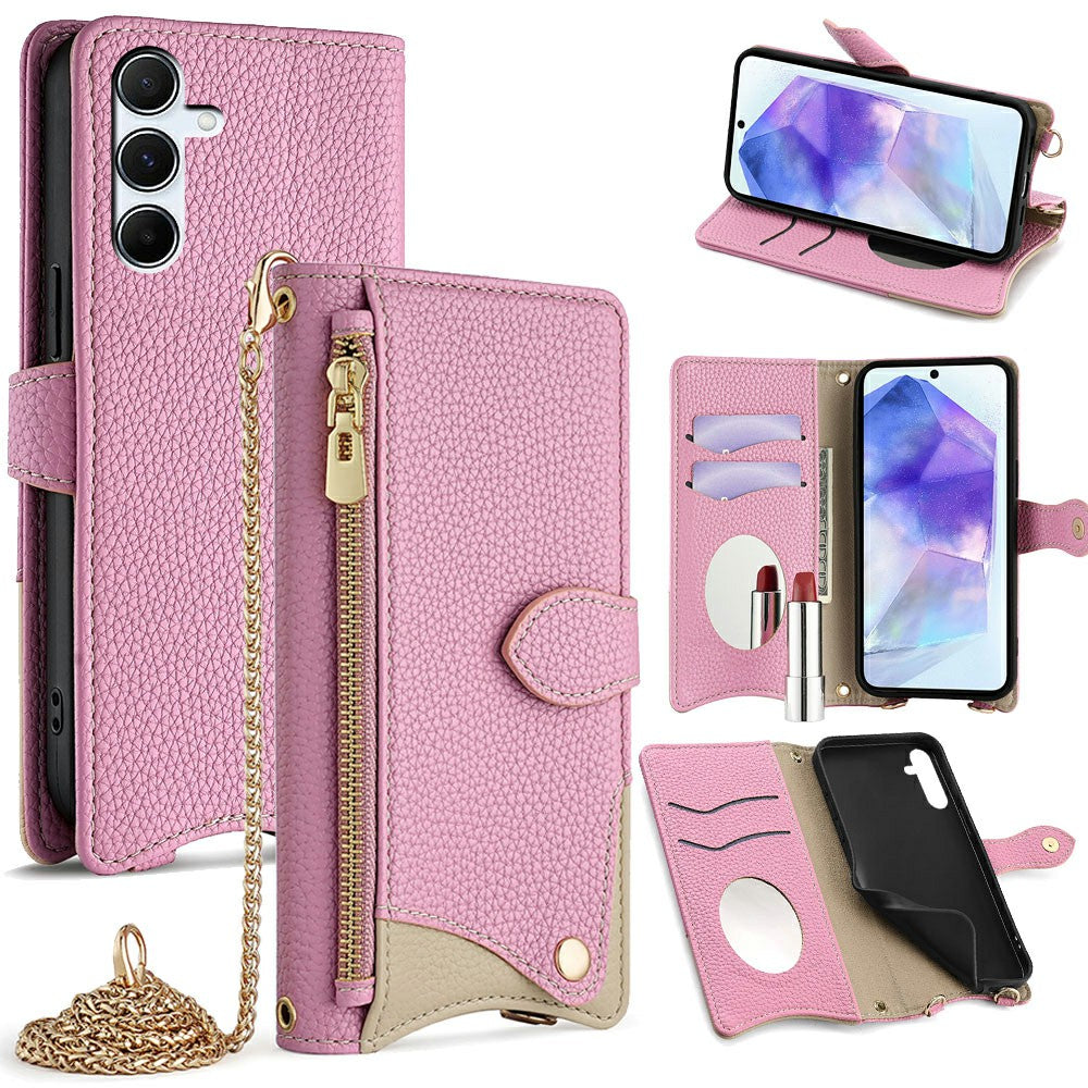 For Samsung Galaxy A16 5G / A16 4G Leather Case Wallet Stand Cover Irregular Tail Style with Chain Strap - Pink