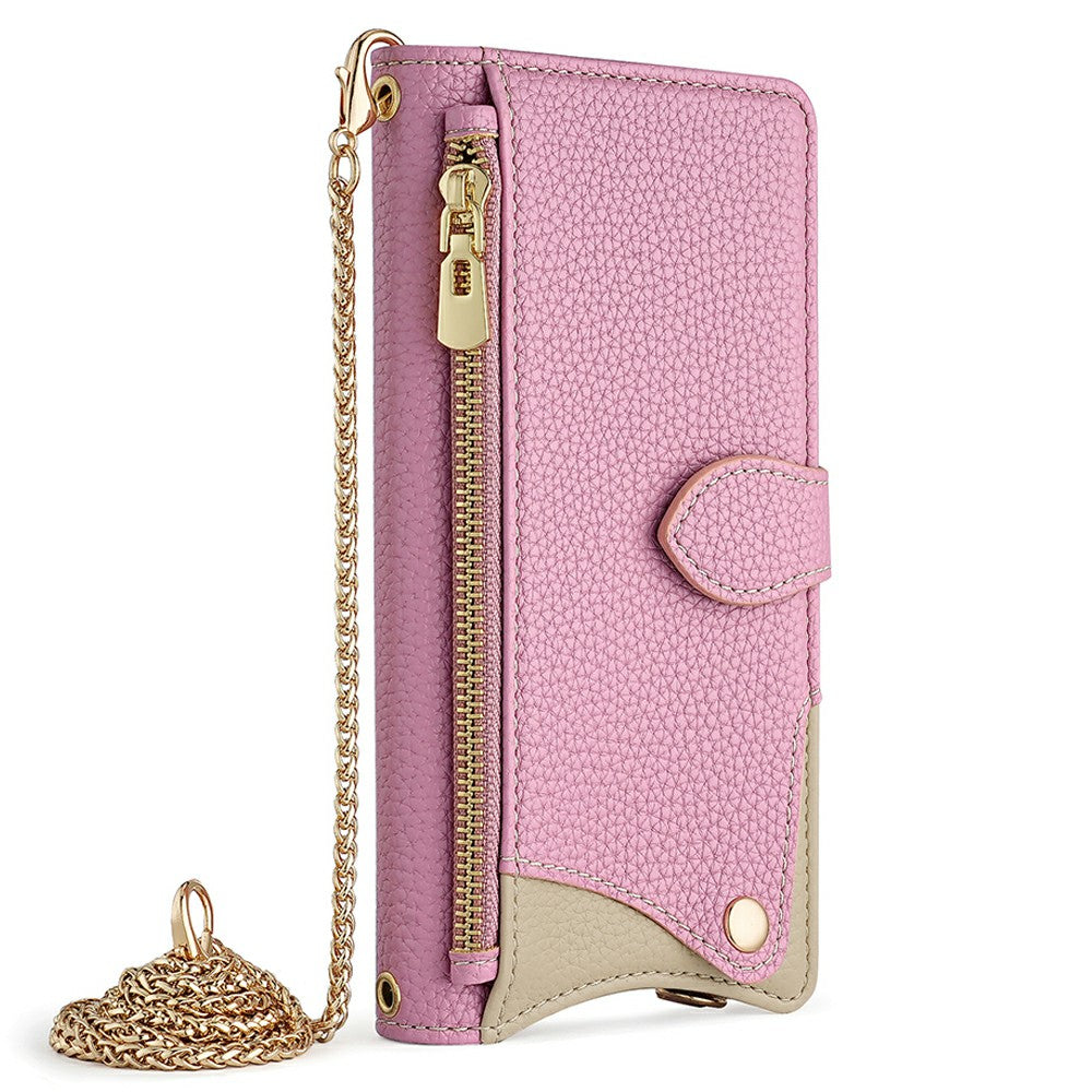 For Samsung Galaxy A16 5G / A16 4G Leather Case Wallet Stand Cover Irregular Tail Style with Chain Strap - Pink